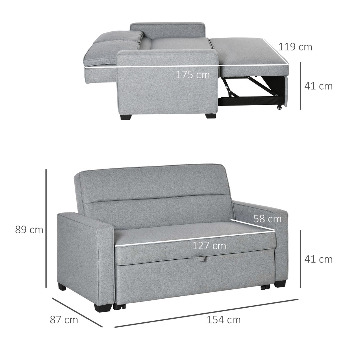 easycomfort easycomfort divano letto a 1 piazza in tessuto seduta 2 posti e schienale a 3 reclinazioni 154x87x89cm