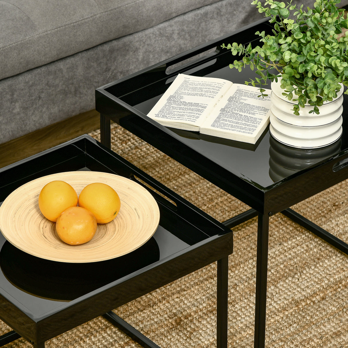 easycomfort easycomfort set da 2 tavolini da caffe impilabili con finitura lucida e telaio in acciaio nero