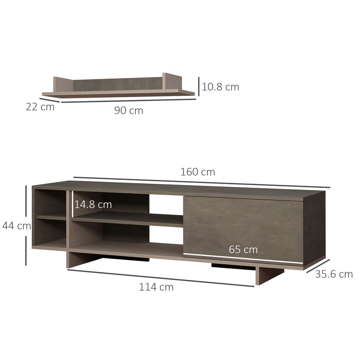 easycomfort easycomfort set mobile porta tv con armadietto e mensola da appendere in legno 160x35 6x44cm grigio