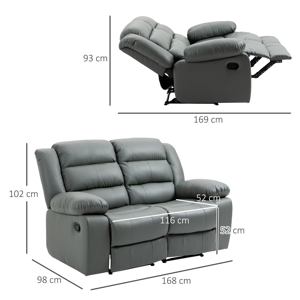 easycomfort easycomfort divano 2 posti reclinabile e imbottito con schienale diviso e poggiapiedi 168x98x102 cm grigio