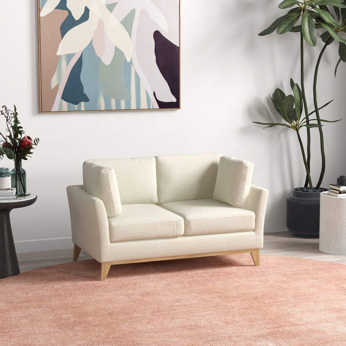 easycomfort easycomfort divano da 2 posti in legno di eucalipto e tessuto effetto lino con 2 cuscini 137x78x78 cm beige
