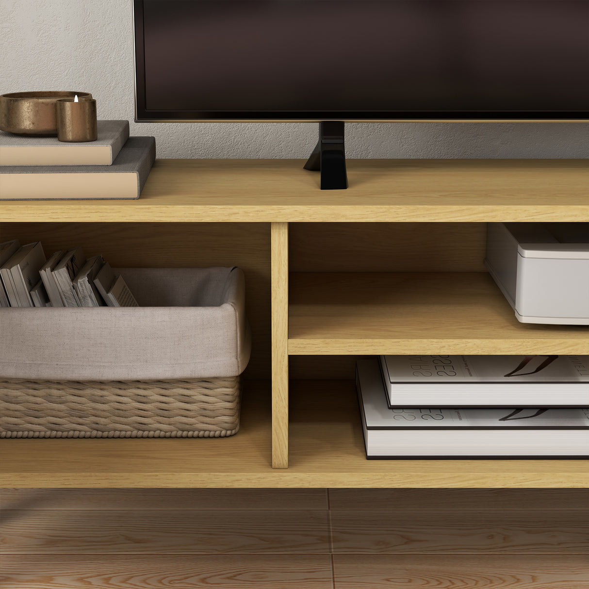 easycomfort easycomfort mobile porta tv fino 65 con armadietti e ripiani aperti 150x30x42cm bianco e legno