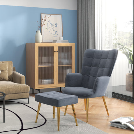 easycomfort easycomfort poltrona moderna con pouf poggiapiedi set vellutato e imbottito con gambe dorate grigio