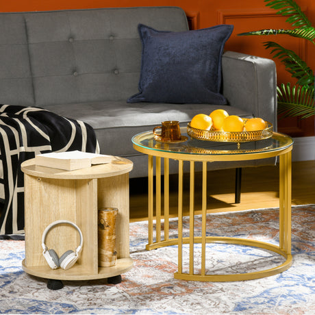 easycomfort easycomfort set 2 tavolini da salotto rotondi con design impilabile 4 ripiani inferiori e 4 ruote oro e rovere