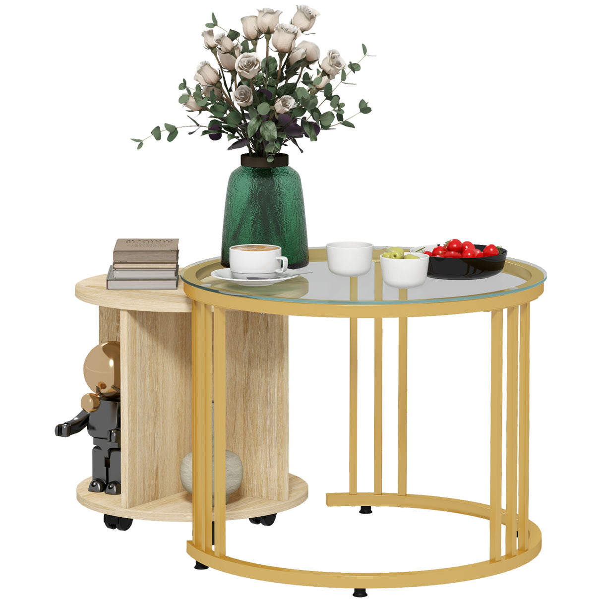 easycomfort easycomfort set 2 tavolini da salotto rotondi con design impilabile 4 ripiani inferiori e 4 ruote oro e rovere