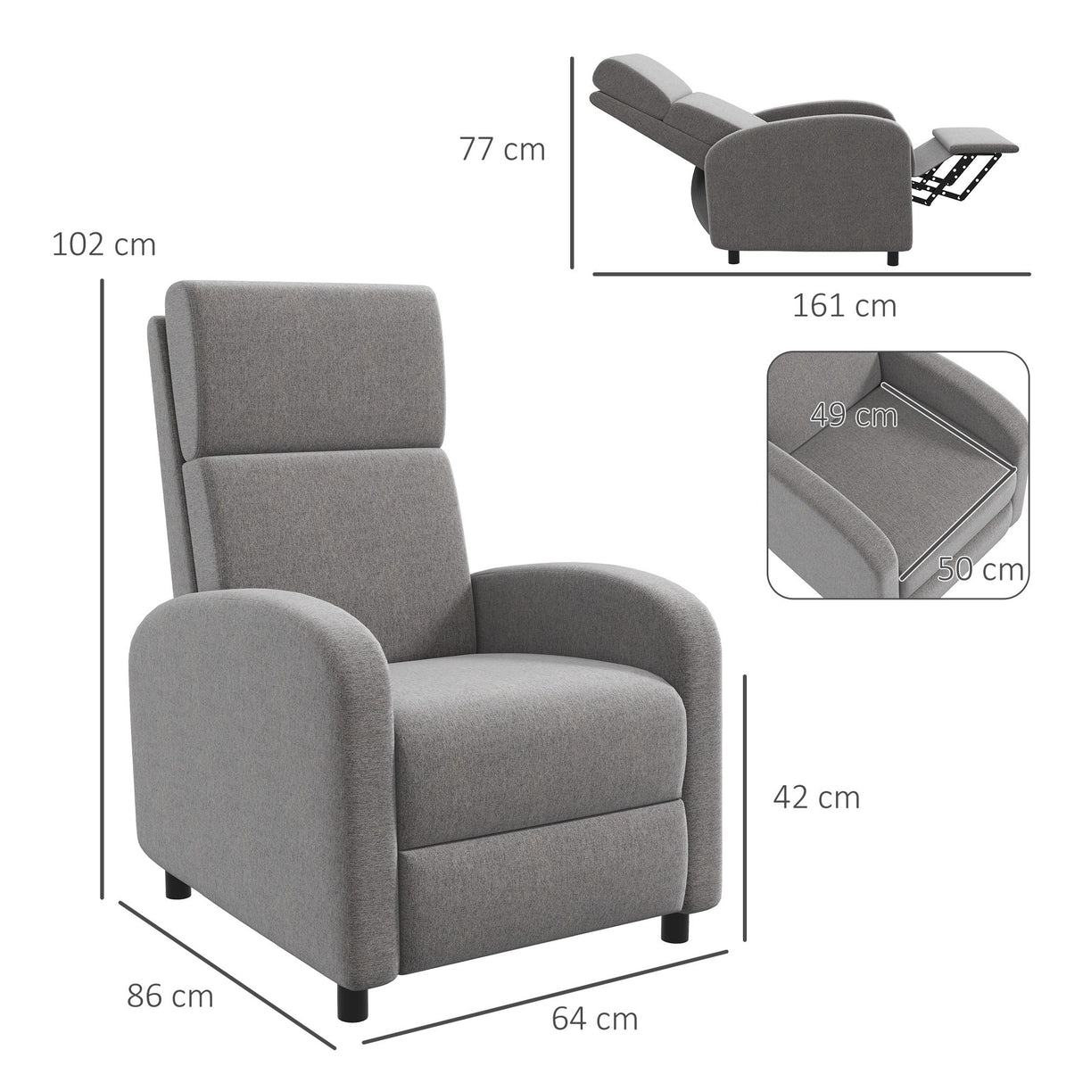 easycomfort easycomfort poltrona reclinabile 160 in tessuto effetto lino con braccioli quadrati 64x86x102 cm grigia
