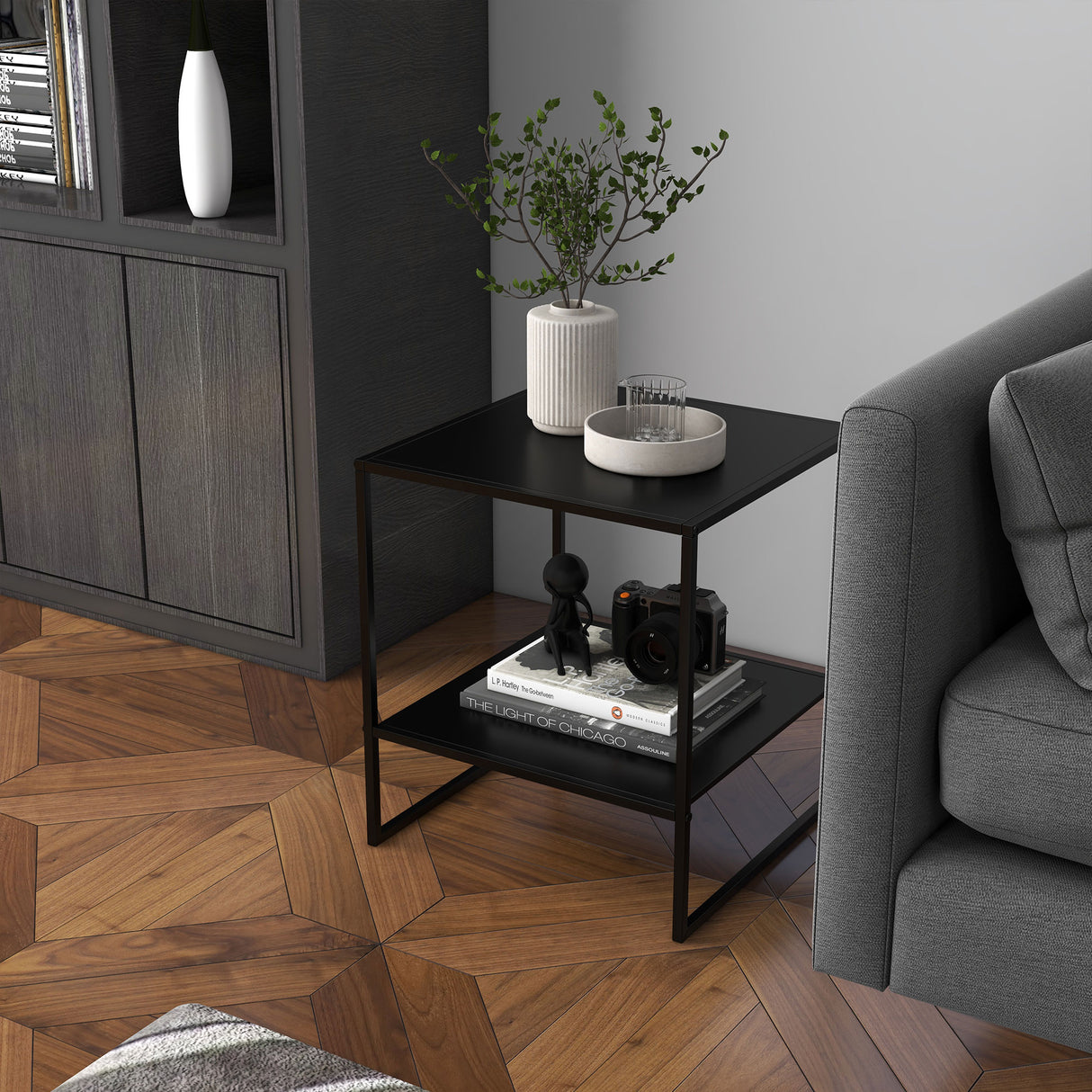 easycomfort easycomfort tavolino da caffe in stile industriale in acciaio a 2 ripiani 40x40x45cm nero