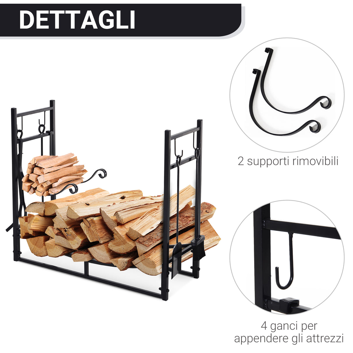 easycomfort portalegna da interno ed esterno in metallo con paletta scopa attizzatoio e pinza nero 84x33x76cm