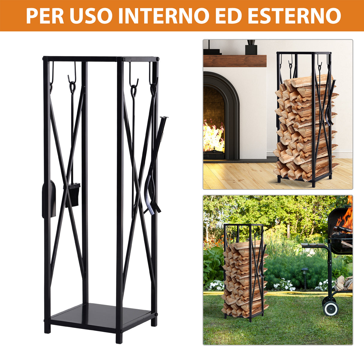 easycomfort portalegna da interno ed esterno salvaspazio in metallo con paletta scopino attizzatoio e pinza 34x34x111cm nero