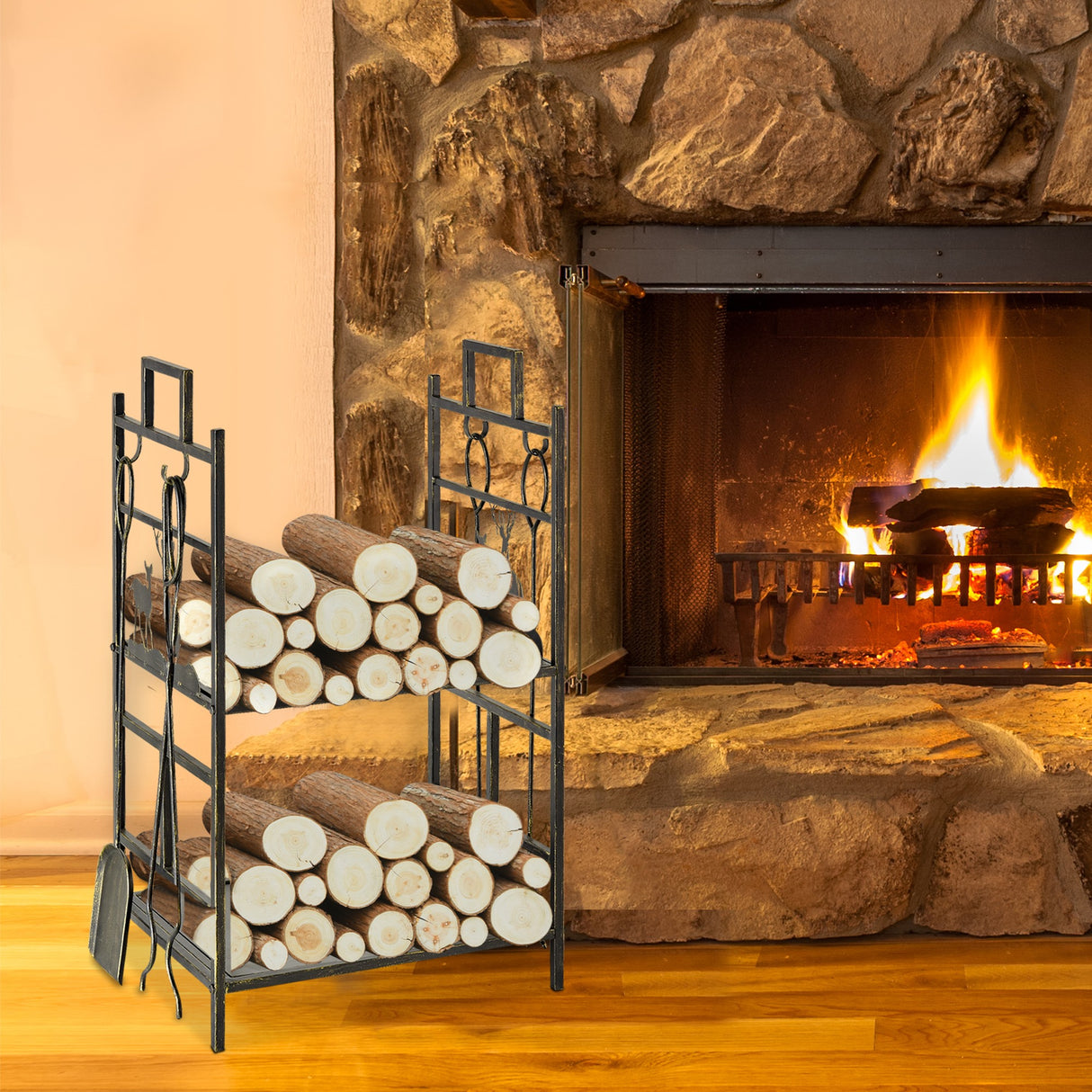 easycomfort portalegna in ferro battuto con attrezzi per camino e manici base porta legna rialzata e decori 51.5x33x77cm nero