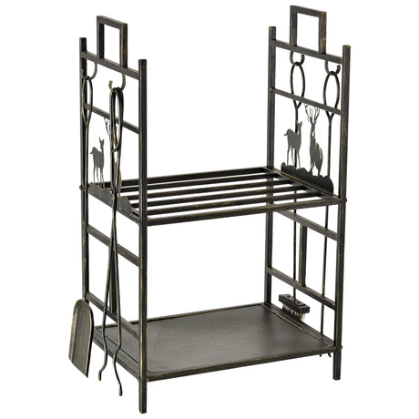 easycomfort portalegna in ferro battuto con attrezzi per camino e manici base porta legna rialzata e decori 51.5x33x77cm nero