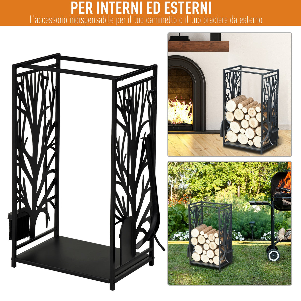 easycomfort easycomfort potalegna per camino in acciaio nero e antiruggine con accessori 46 x 29 x 70cm