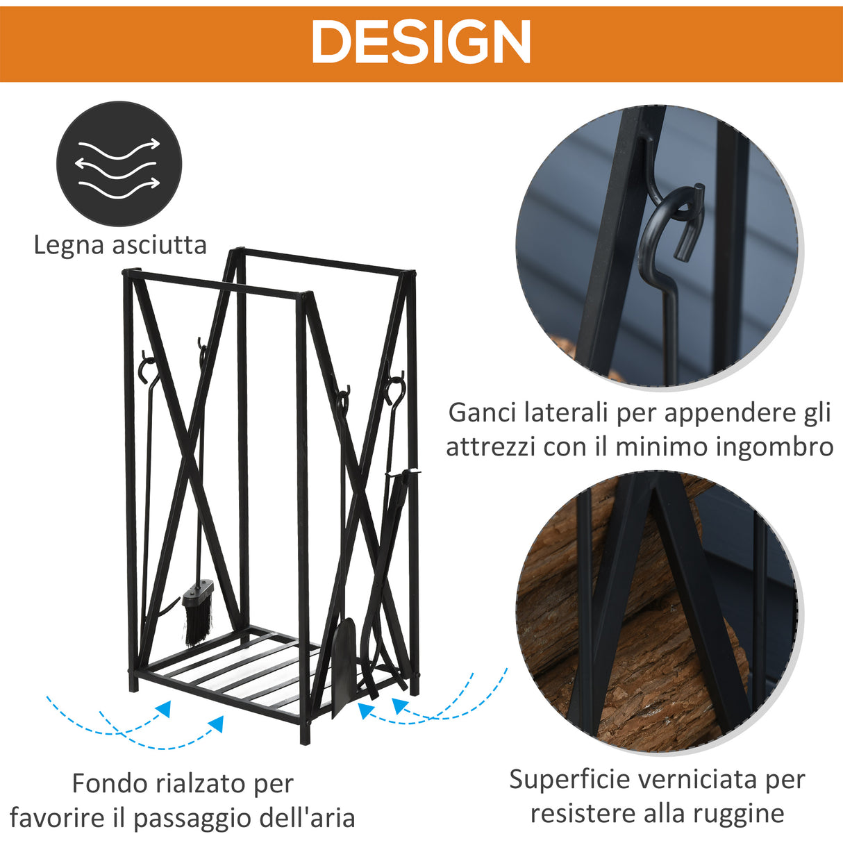 easycomfort portalegna da interno ed esterno in acciaio porta legna per camino con attizzatoio paletta scopino pinza 46x30x76cm nero