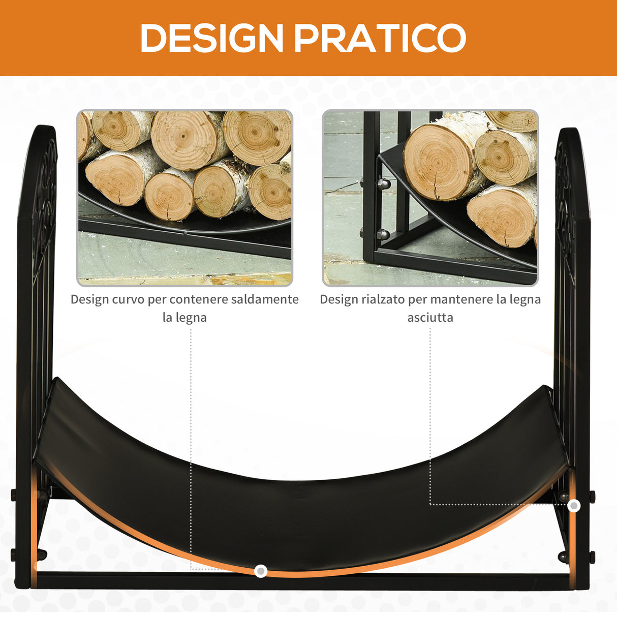easycomfort portalegna da interno ed esterno in metallo con ripiano curvo fino 60kg di legna nero