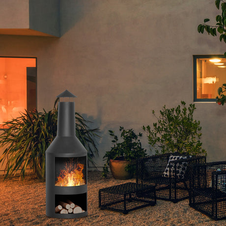 easycomfort braciere da giardino in metallo con camino porta legna e attizzatoio 44.5x133cm nero