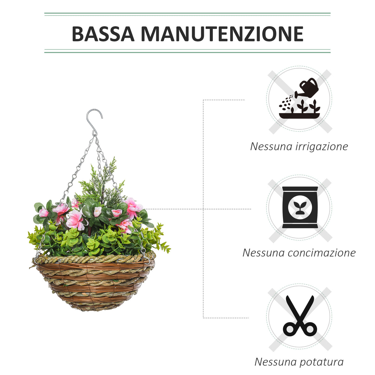 easycomfort set di 2 piante finte lisianthus da appendere per interno ed esterno con vaso in vimini e catenelle 25x34cm rosa e verde
