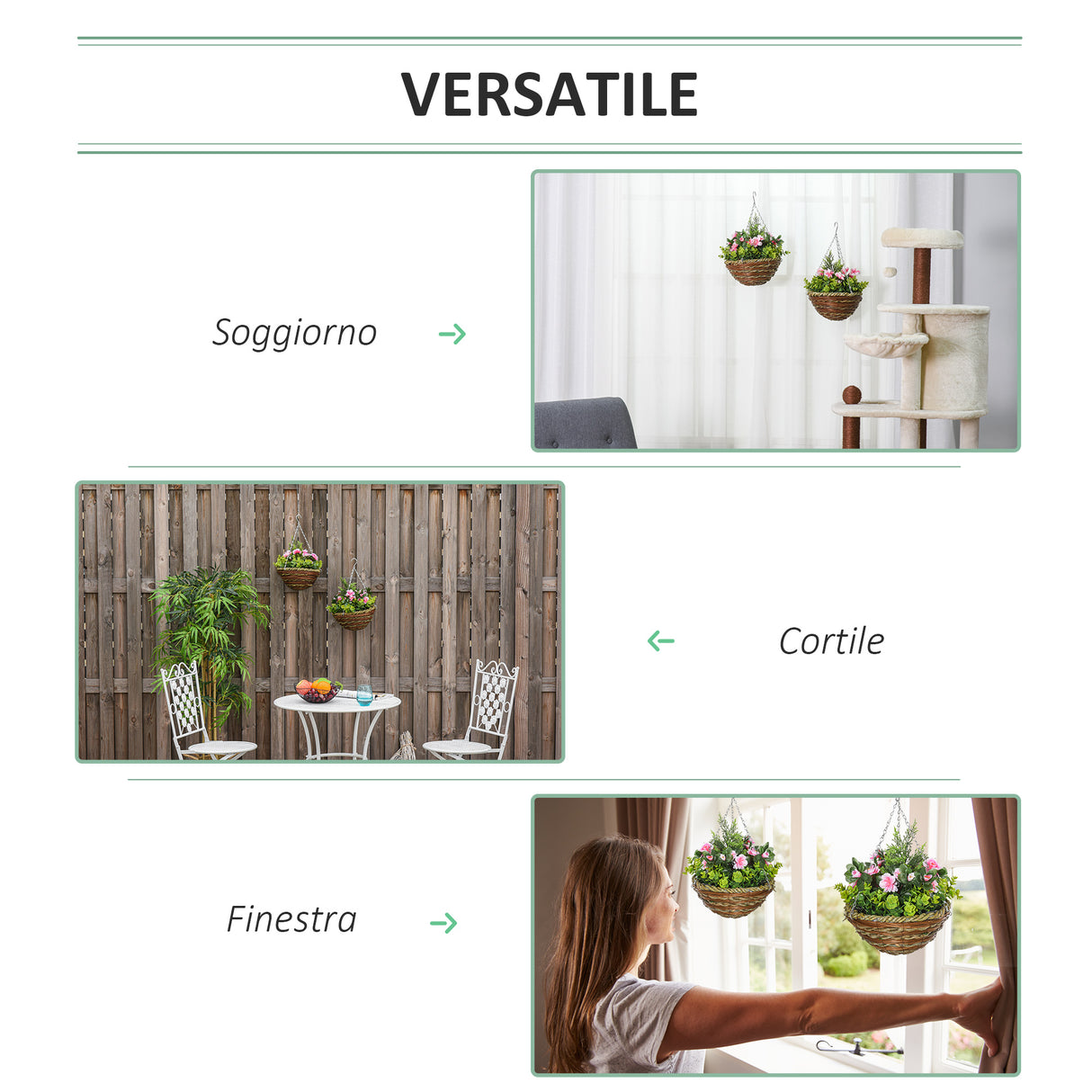 easycomfort set di 2 piante finte lisianthus da appendere per interno ed esterno con vaso in vimini e catenelle 25x34cm rosa e verde