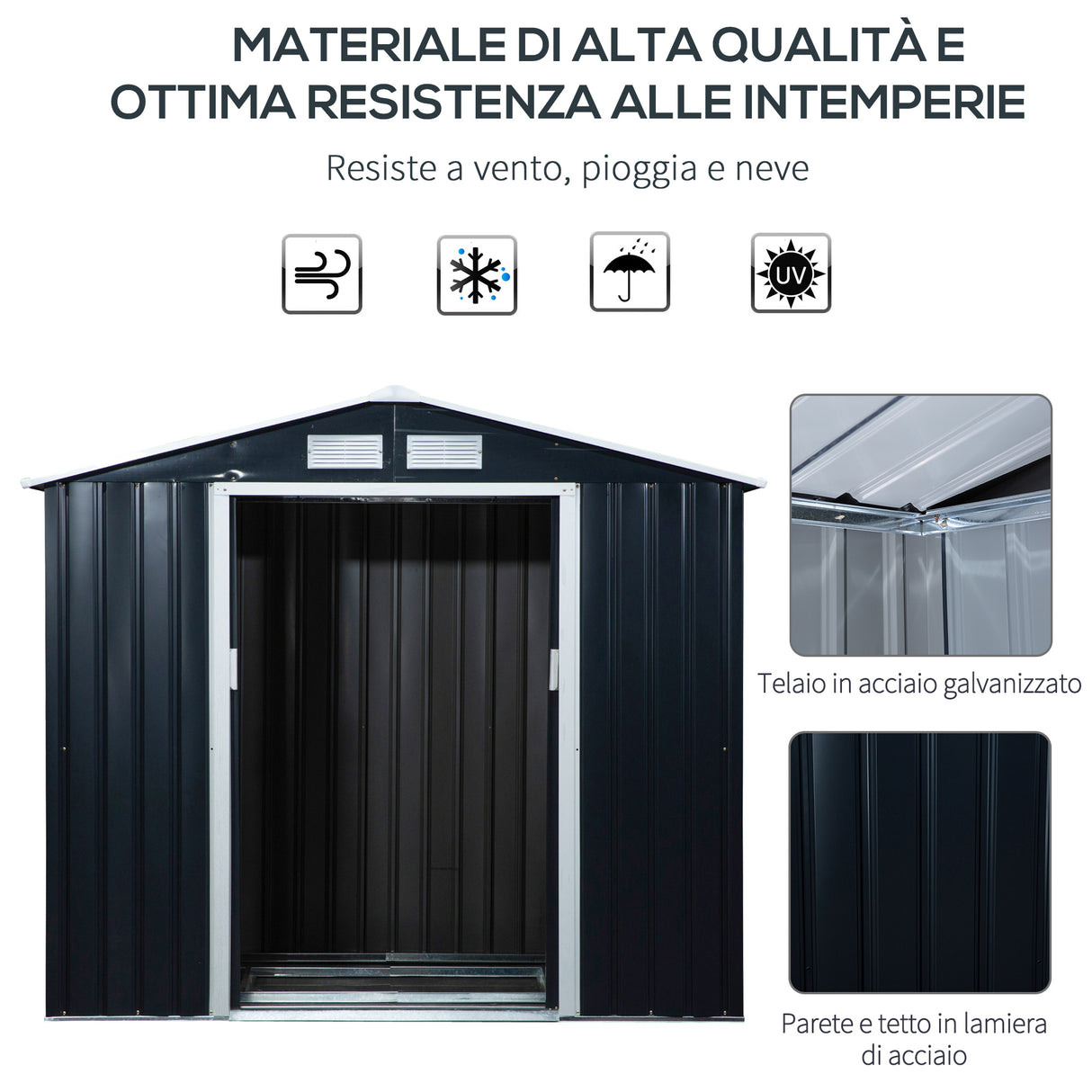 easycomfort casetta da giardino porta utensili in lamiera con porte scorrevoli 213x130x185cm grigio scuro