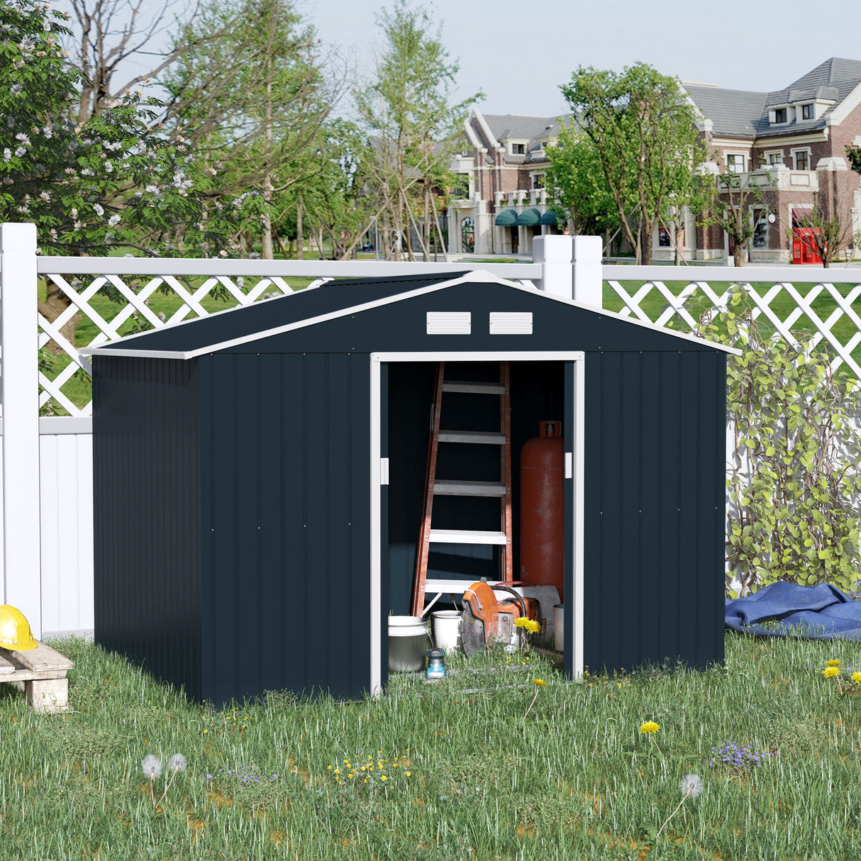easycomfort casetta da giardino a 2 porte scorrevoli e 4 prese d aria in acciaio e pp 277x195x192cm grigia