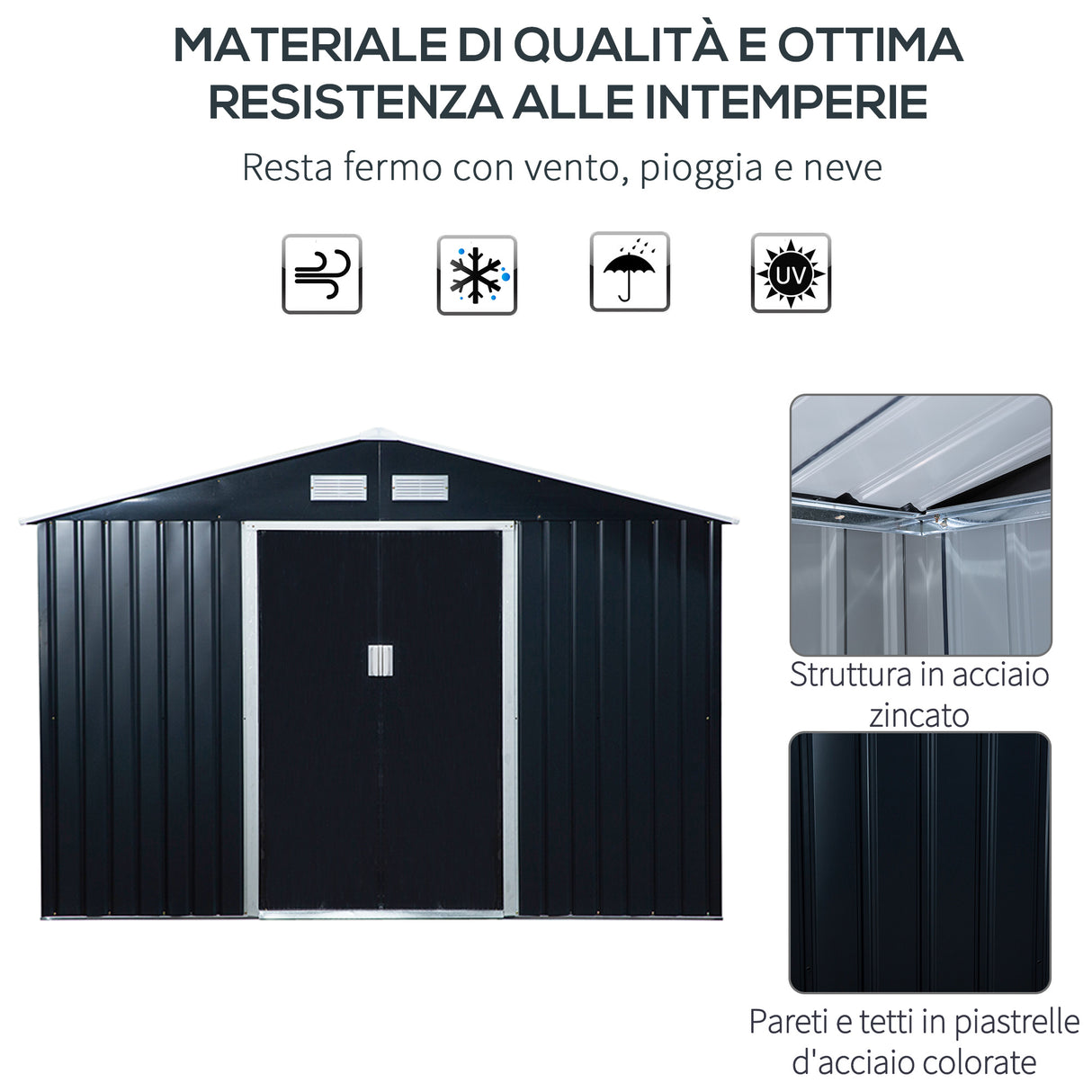 easycomfort casetta da giardino a 2 porte scorrevoli e 4 prese d aria in acciaio e pp 277x195x192cm grigia