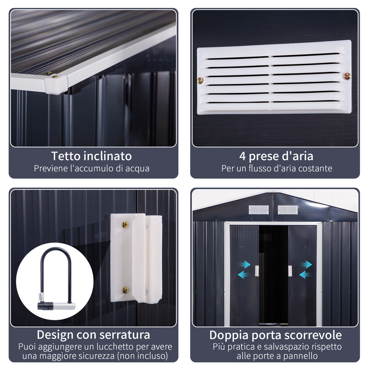 easycomfort easycomfort casetta da giardino con 2 porte scorrevoli e 4 prese daria in acciaio e pp 322x277x192 cm grigio