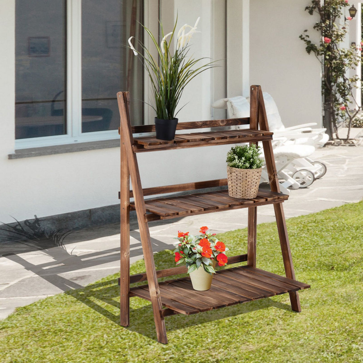 easycomfort scaffale portapiante pieghevole portavasi in legno di abete con 3 livelli da esterno 80x37x93cm