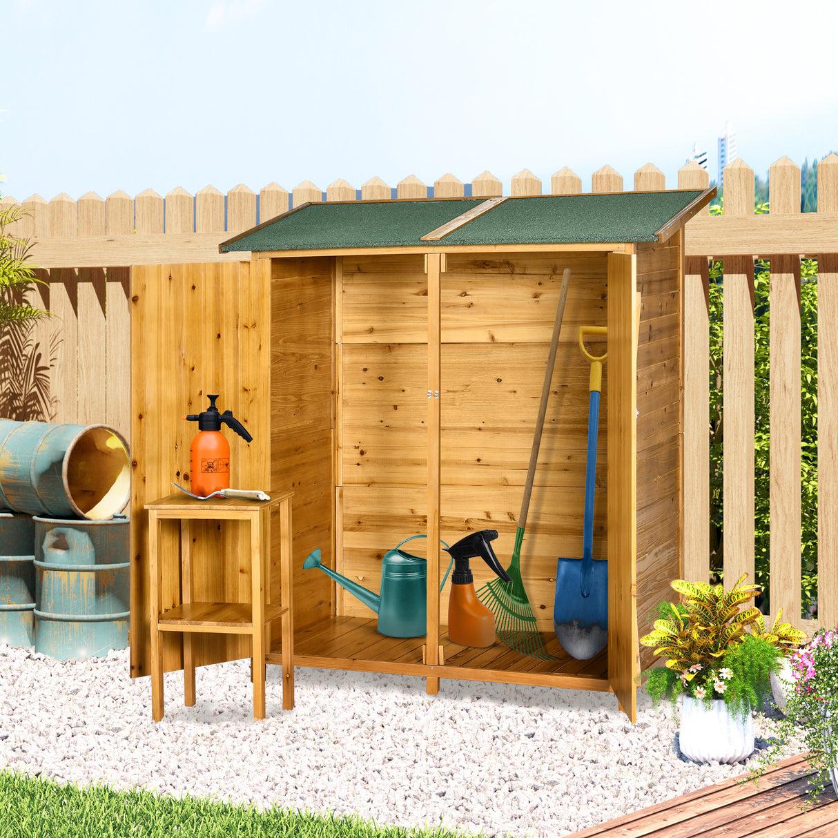 easycomfort easycomfort casetta da giardino in legno a 2 ante con sgabello alto a 2 ripiani e tetto idrorepellente 140x75x157 cm