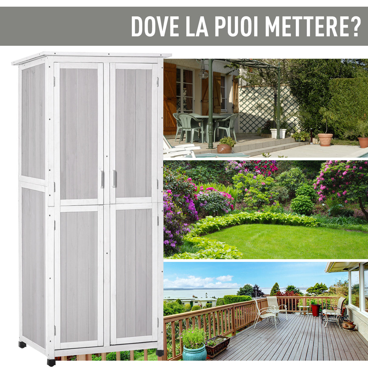 easycomfort easycomfort casetta porta attrezzi in legno di abete a 3 livelli con tetto in bitume 77x58x175 cm grigio