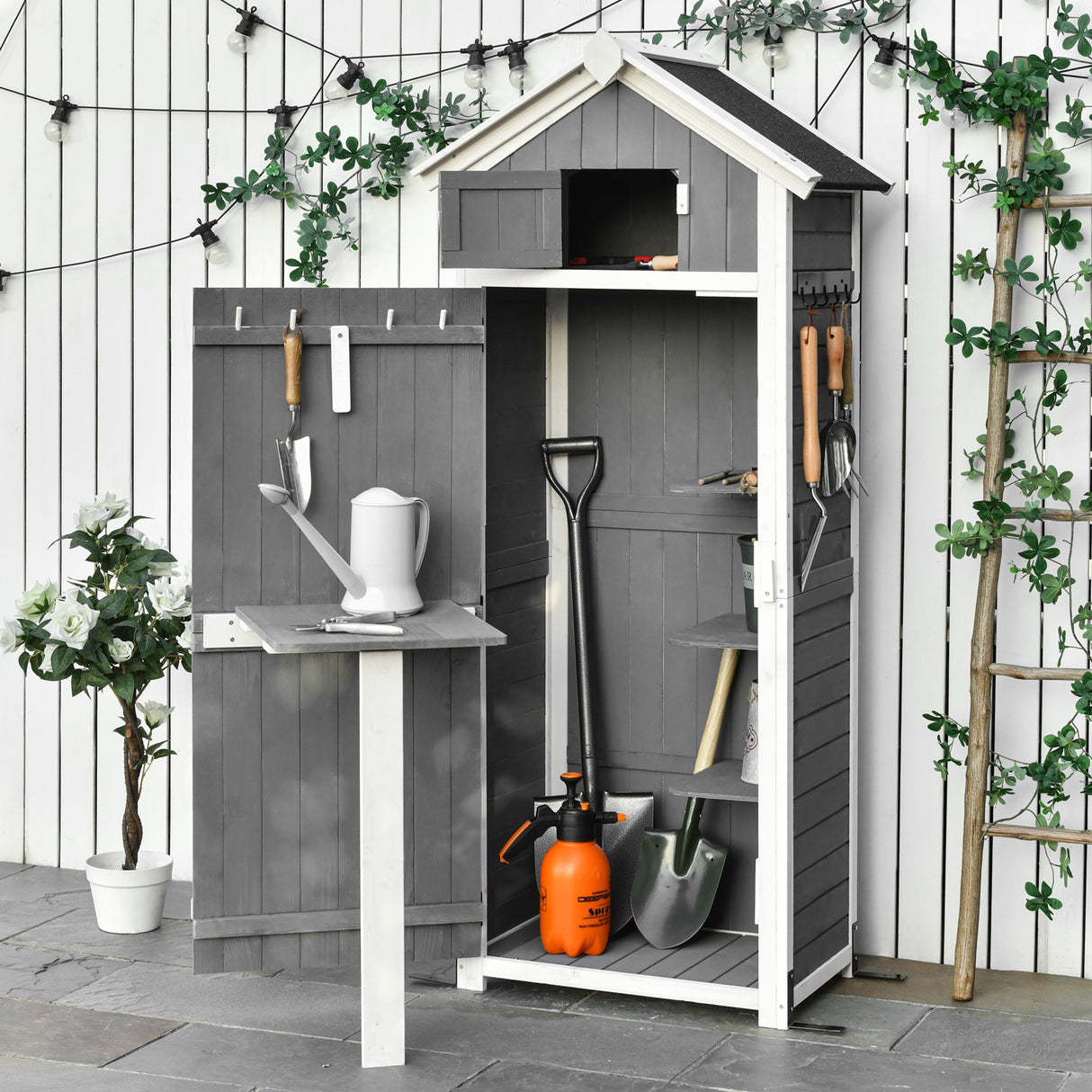 easycomfort casetta da giardino porta attrezzi in abete con ripiano rimovibile e tavolo da lavoro 78x52.5x182 cm grigia