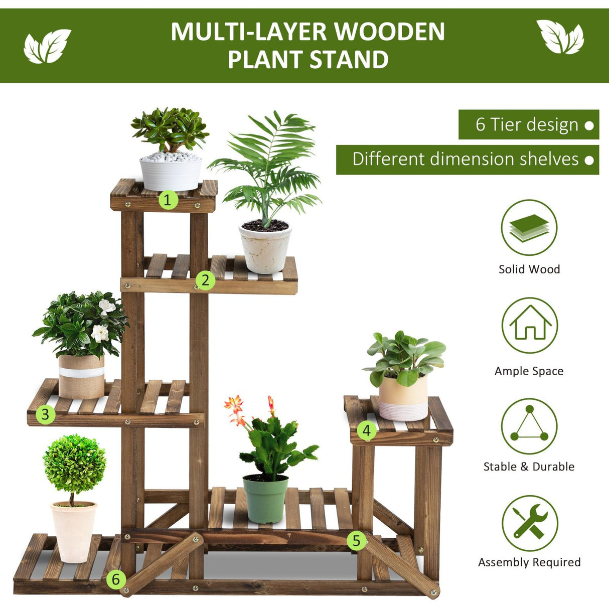 easycomfort scaffale porta piante asimmetrico a 6 livelli per giardino e casa in legno 98x28x96.5cm