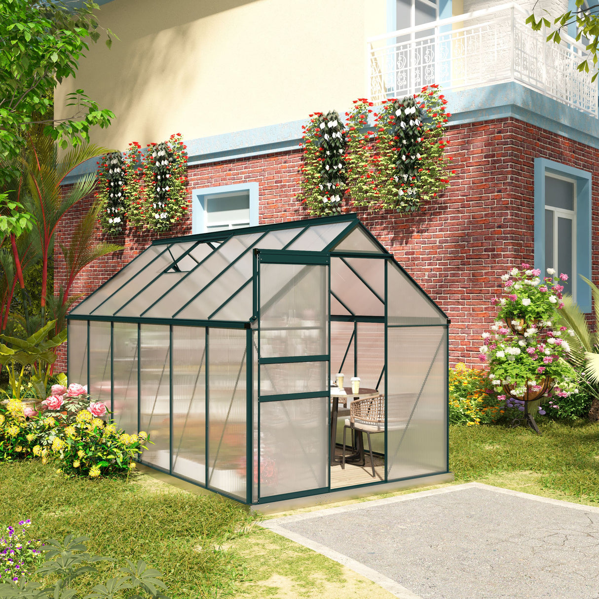 easycomfort serra da giardino in policarbonato 190x375x199cm con finestra apribile e porta scorrevole struttura in alluminio verde