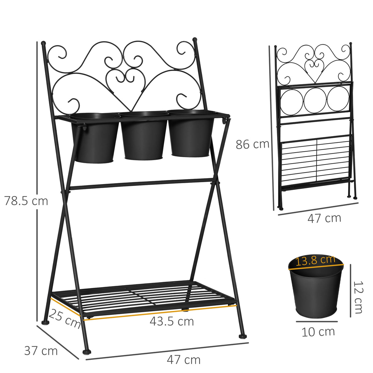 easycomfort portapiante in metallo pieghevole con 3 vasi e ripiano inferiore per casa e giardino 47x37x78.5cm nero