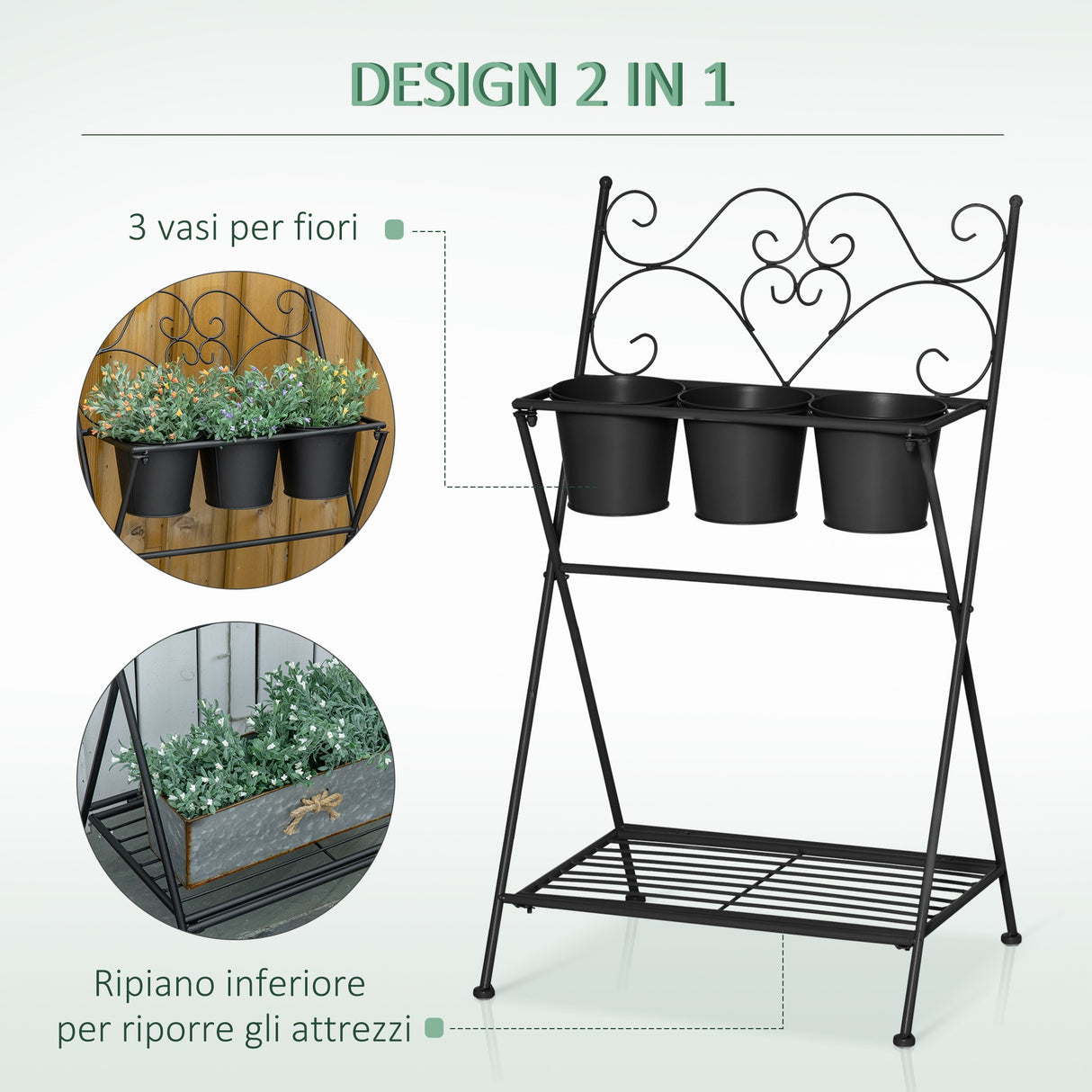 easycomfort portapiante in metallo pieghevole con 3 vasi e ripiano inferiore per casa e giardino 47x37x78.5cm nero