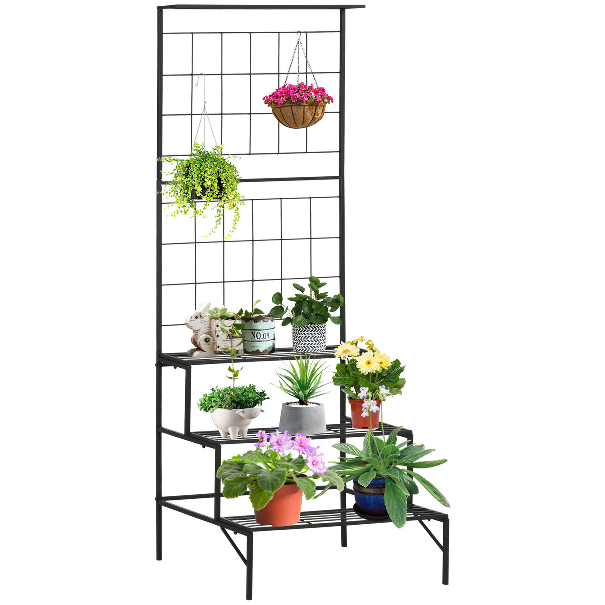 easycomfort easycomfort scaffale portapiante con 3 ripiani e pannello verticale per piante rampicanti in metallo nero