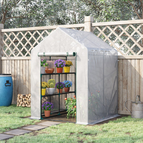 easycomfort serra da giardino per esterni in acciaio e pe con 2 scaffali e porta avvolgibile 143x143x195 cm bianco