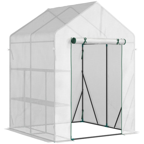 easycomfort serra da giardino per esterni in acciaio e pe con 2 scaffali e porta avvolgibile 143x143x195 cm bianco