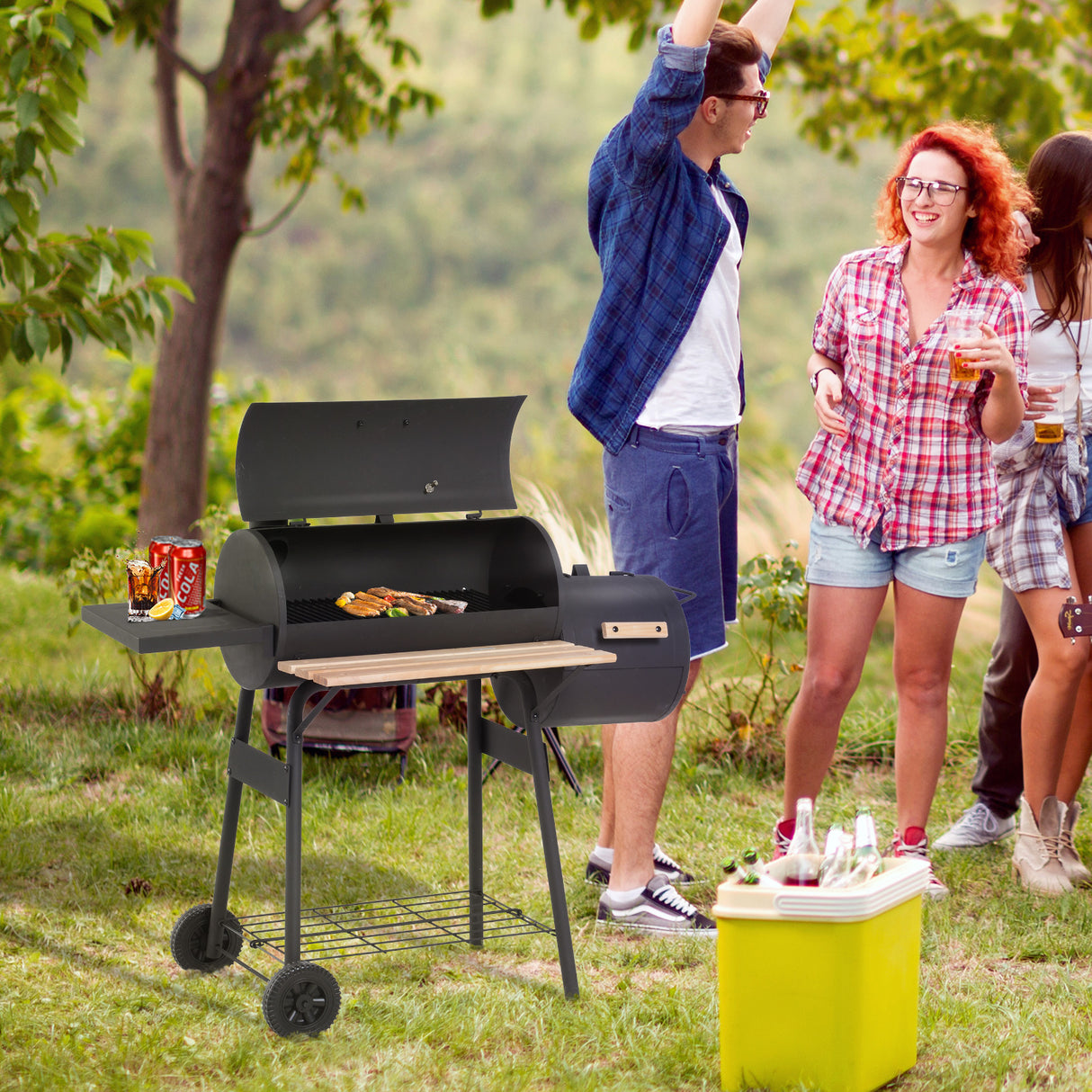 easycomfort easycomfort barbecue a carbone con coperchio e affumicatore bbq da giardino con ripiani e ruote 124x53x104 cm nero