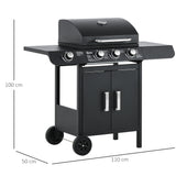 easycomfort barbecue a gas con coperchio 4 bruciatori da 11.6kw fornello mensola e 2 ruote 110x50x100cm nero