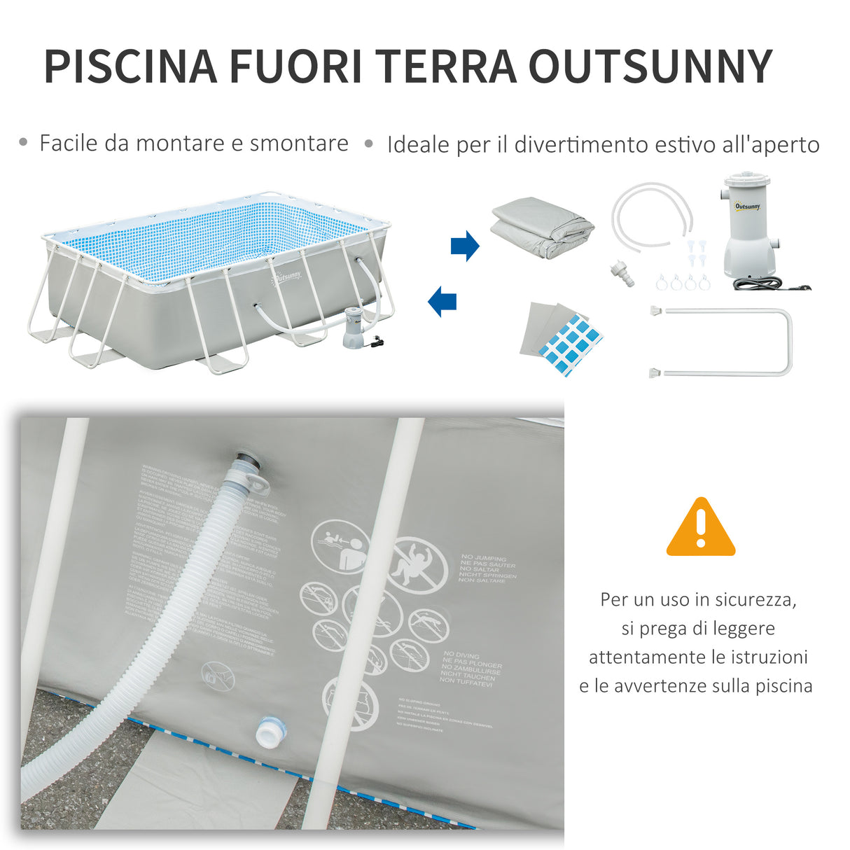 easycomfort piscina fuori terra da giardino rettangolare con pompa di filtraggio e telaio in acciaio 340x215x80cm grigia