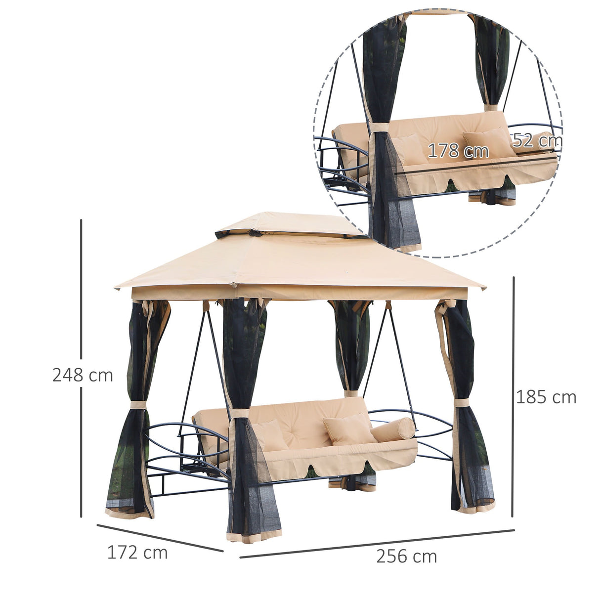 easycomfort dondolo 3 posti e lettino singolo copertura a gazebo con zanzariera e cuscini beige 256x172x248cm