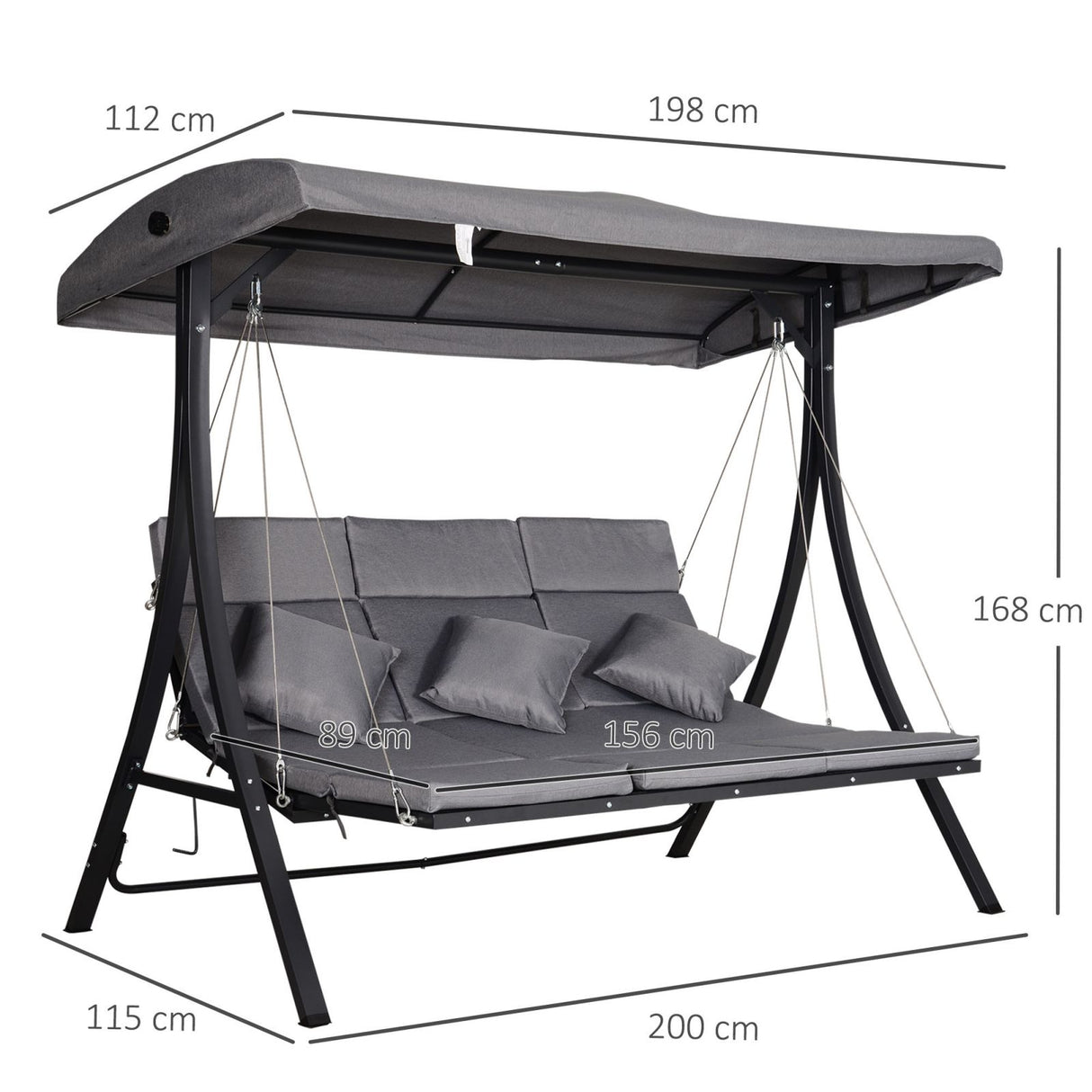 easycomfort easycomfort dondolo reclinabile 3 posti in tessuto con cuscini e tetto regolabile grigio 200 x 115 x 168 cm