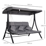 easycomfort easycomfort dondolo reclinabile 3 posti in tessuto con cuscini e tetto regolabile grigio 200 x 115 x 168 cm