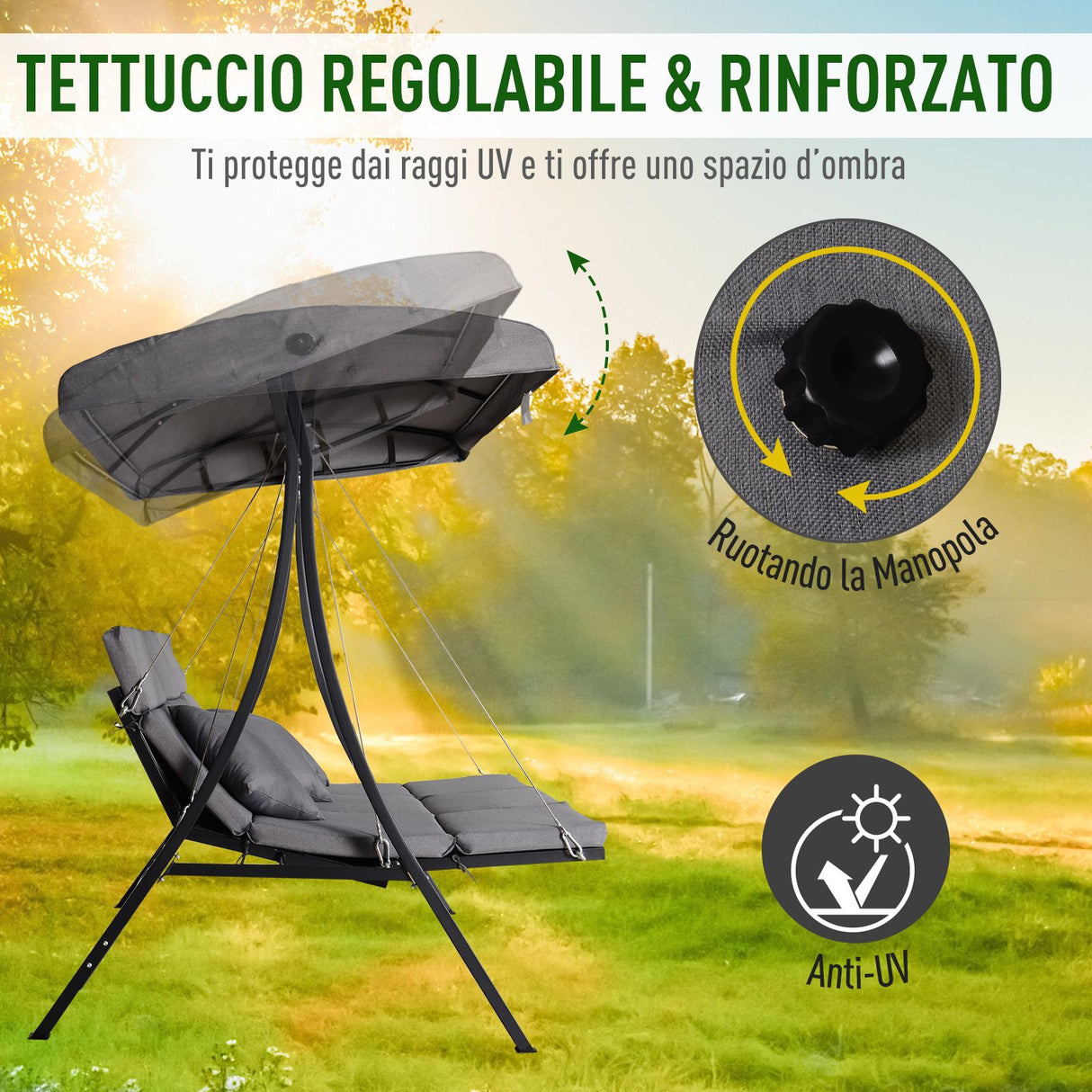 easycomfort easycomfort dondolo reclinabile 3 posti in tessuto con cuscini e tetto regolabile grigio 200 x 115 x 168 cm