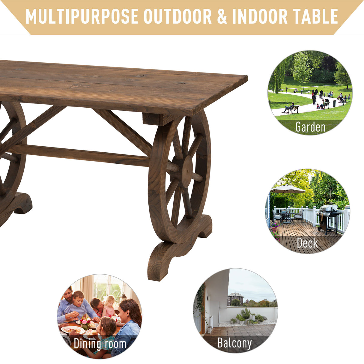 easycomfort tavolo da giardino stile country con gambe a ruota in legno di abete resistente alle intemperie 113x60x65cm
