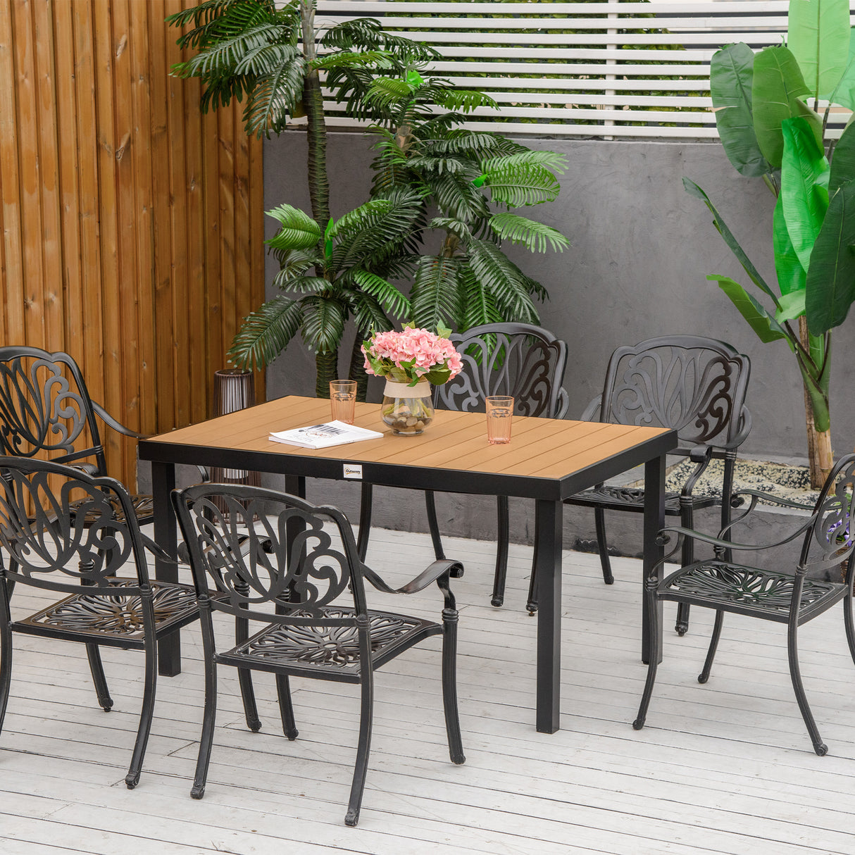 easycomfort tavolo da giardino per 6 persone in alluminio e plastica nero e color legno 33072