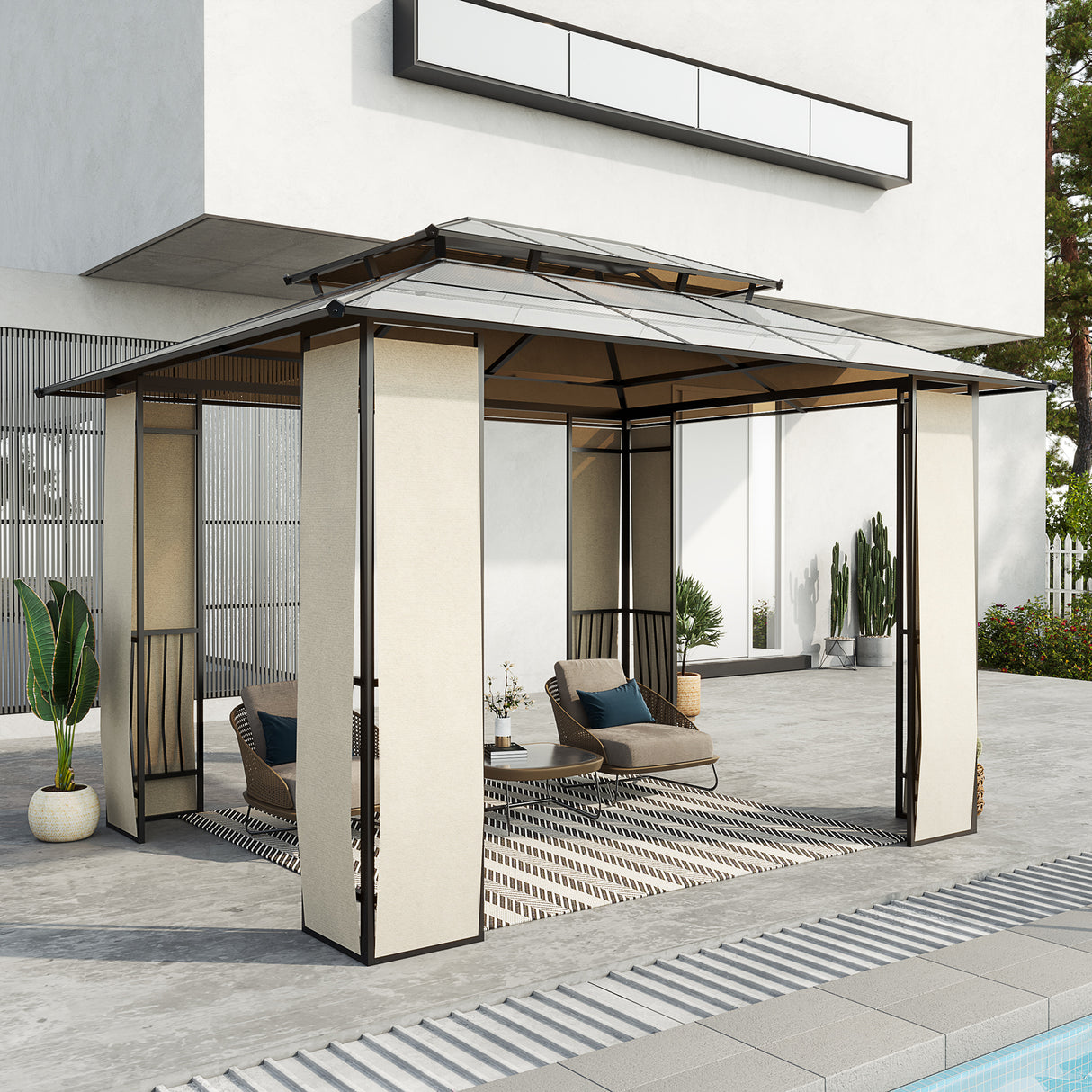 easycomfort gazebo da giardino 3.7x3m con tetto in policarbonato a 2 livelli acciaio e alluminio marrone