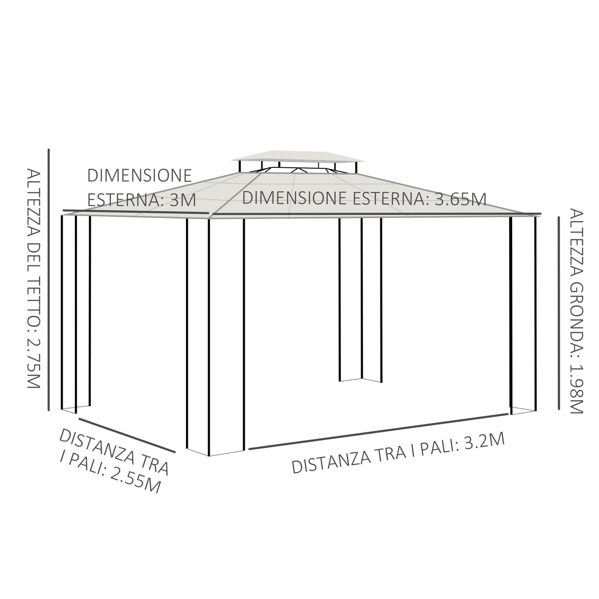 easycomfort gazebo da giardino 3.7x3m con tetto in policarbonato a 2 livelli acciaio e alluminio marrone