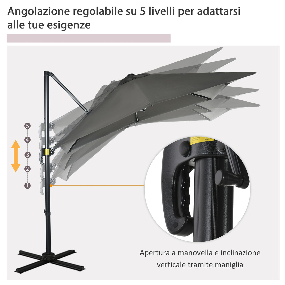 easycomfort ombrellone da giardino con angolazione regolabile su 3 livelli e rotazione a 360 2.5x2.5 m grigio