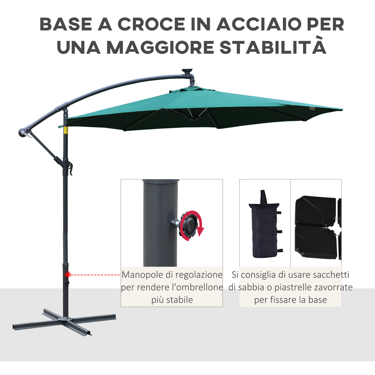 easycomfort easycomfort ombrellone da giardino 3x2 5 m a braccio con manovella e 8 strisce led a energia solare verde