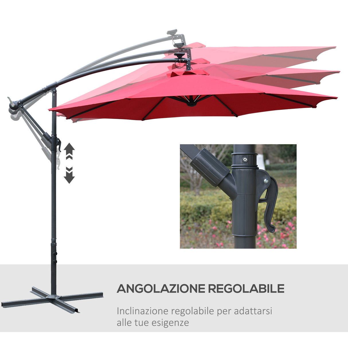 easycomfort easycomfort ombrellone da giardino a braccio 3x2 4 m con manovella e 8 strisce led a energia solare rosso scuro